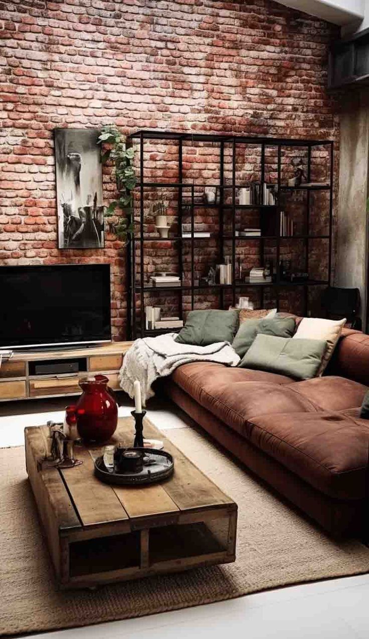 a living room filled with furniture and a brick wall behind the couches is a coffee table