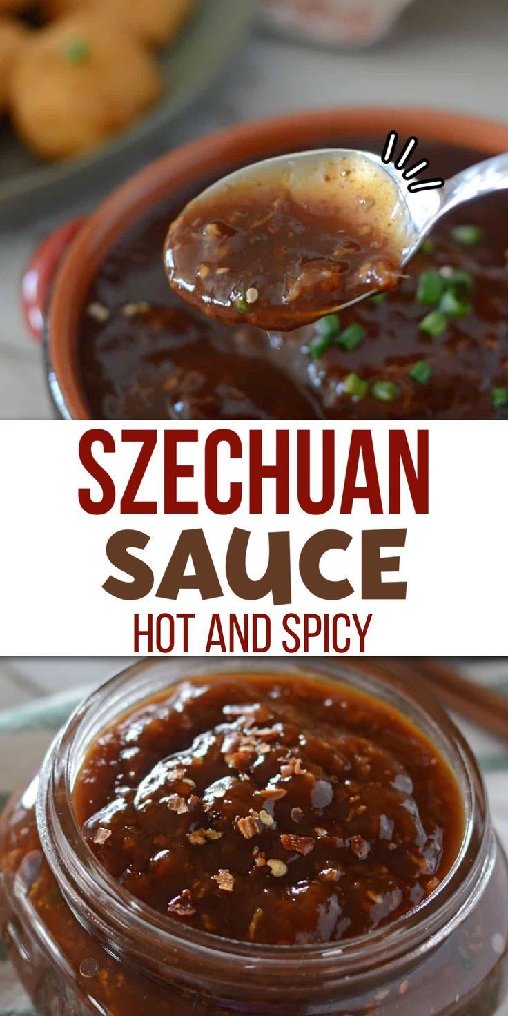 Bowls of a thick hot spicy sauce with Pinterest overlay. Chinese Hot Sauce Recipe, Sichuan Sauce, Asian Peanut Sauce, Hot Garlic Sauce, Szechuan Sauce, Best Sauce Recipe, Homemade Chinese Food, Meat Marinade, Homemade Sauce Recipes