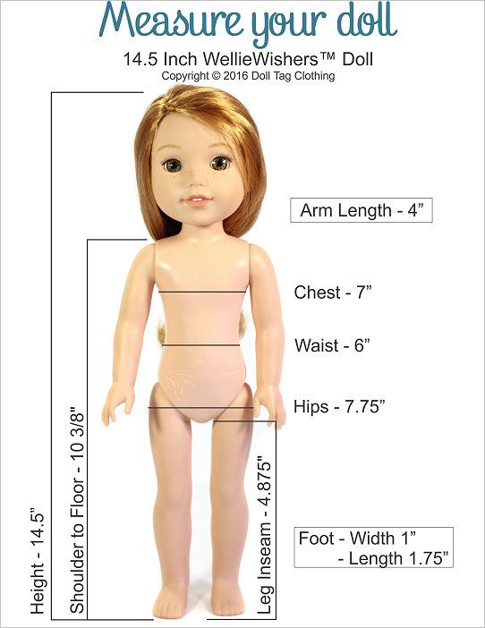 a doll with measurements for the body and head