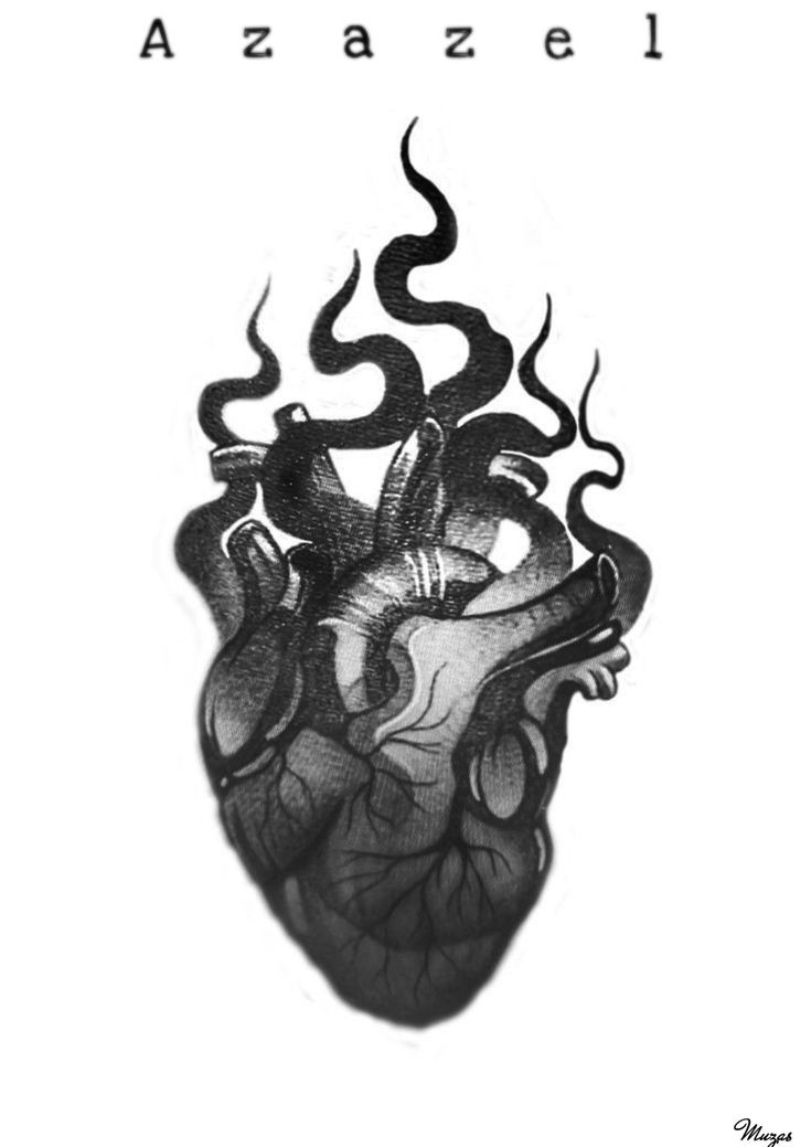 a black and white drawing of a human heart with the words azazel on it