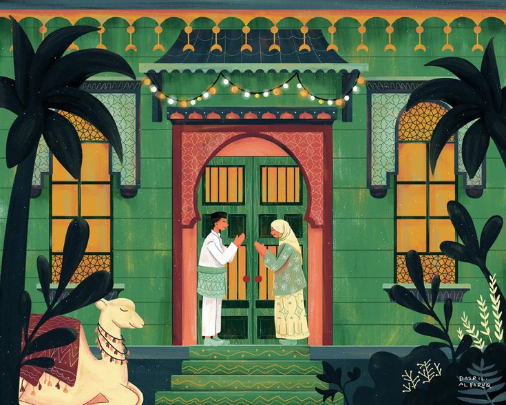 a painting of two people standing in front of a green building with palm trees and lights