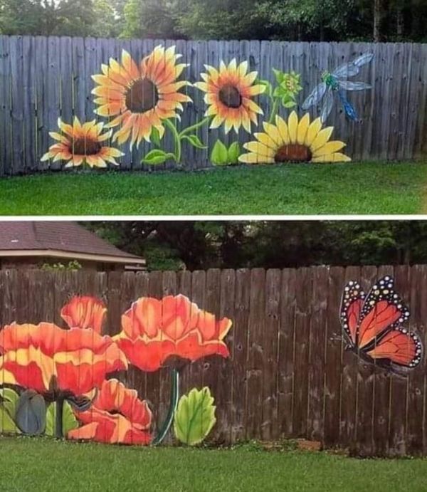 two pictures of the same fence with sunflowers painted on it and one has a butterfly