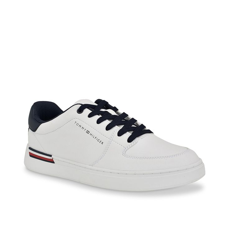 Tommy Hilfiger-Jorian Sneaker Get smart with the Jorian sneaker from Tommy Hilfiger. Made with mixed materials, this lace-up sneaker has three points of sustainability featuring recycled materials used within the lining, sock, and sole. Memory foam insole offers daylong cushioning. White Synthetic Low-top Lace-up Shoes, White Textile Sneakers With Perforated Toe Box, Tommy Hilfiger Casual Sneakers With Laces, Casual Tommy Hilfiger Sneakers With Laces, Modern White Textile Sneakers, White Textile Sneakers With Elastic Laces, Tommy Hilfiger Sneakers With Round Toe And White Sole, Modern Textile Lace-up Sneakers, Tommy Hilfiger Sneakers With Cushioned Footbed