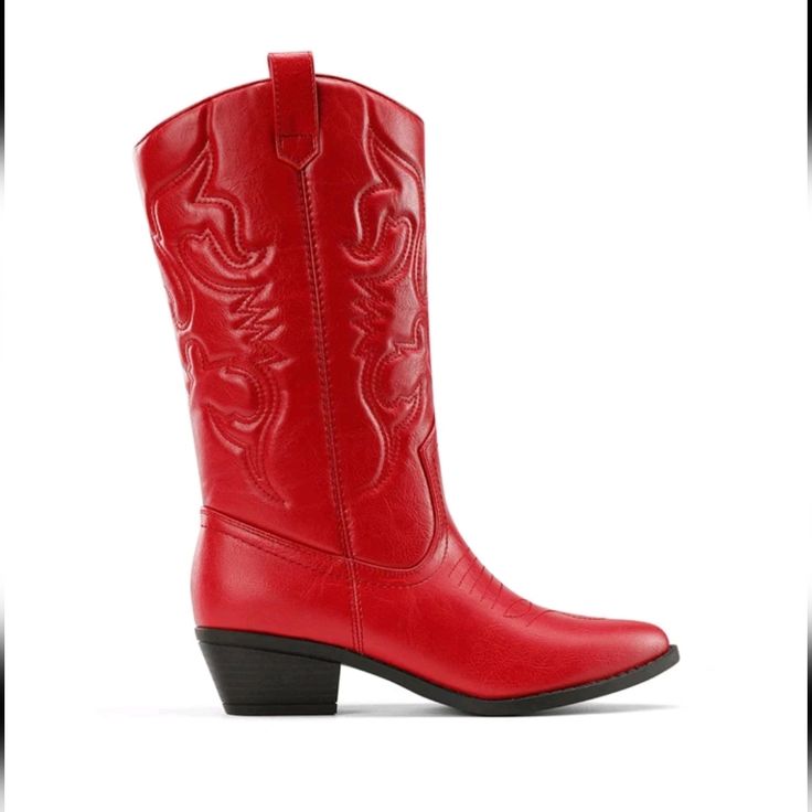 Redpull On Cowgirl Boots Mid Calf Western Boots Slip On Low Heel Point Toe Upper Material: Pu Leather Lining Material: Pu Leather/Polyester Insole Material: Pu Leather Outsole Material: Tpr Red Knee-high Heeled Boots For Fall, Casual Red Heeled Boots For Fall, Red Mid-calf Boots With Round Toe For Winter, Casual Red Winter Boots, Red Round Toe Boots For Fall, Trendy Red Heeled Boots For Fall, Western Red Knee-high Boots, Red Western Knee-high Boots, Red Knee-high Heeled Boots For Spring