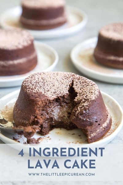 a chocolate lava cake on a white plate with the words, 4 ingredient lava cake