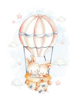 two rabbits in a hot air balloon with stars and clouds around them, on a white background