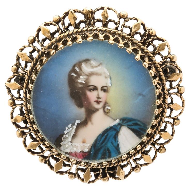 This Georgian Enameled & Hand-Painted Portrait Pin W/ 14 Karat Gold Setting is a lovely piece, classical and made with beautiful materials and detailing. This Pin features a portrait of a woman with coiffed hair and Georgian Style Dress, with softened reflections reminiscent of Vermeer's use of light. The top is convex glass affixed with a 14 Karat Gold Prong Setting, outside of which the piece is circumscribed with a braided gold detail, then leading to a scroll form braided detailing accented with sphere and diamond elements adorning and framing the pin, entirely in 14 Karat Gold. Weighs a total of 6 grams. This lovely Pin will style beautifully in a wide array of dress and is a beautiful gem from the 19th Century. In Excellent Vintage Condition. France, 19th Century Dimensions: Height: Coiffed Hair, Portrait Of A Woman, Dream Jewelry, Gold Set, Gold Details, Style Dress, Prong Setting, Georgia, A Woman