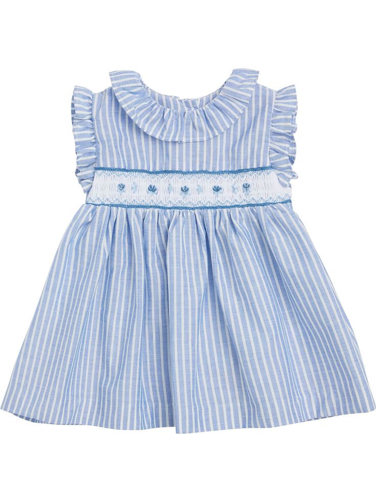 Reference: S24I105VERN 4141 Color: Blue Composition: 100% cotton Description: This sleeveless dress has a smocked bodice and ruffled collar and sleeves. It is fully lined and fastens with buttons in the back. It comes with the matching bloomer! Size Guide: True to size. Smocked Baby Dresses, Ruffled Collar, Smock Dress, Smocking, Size Guide, Bodice, Sleeveless Dress, Color Blue, Composition