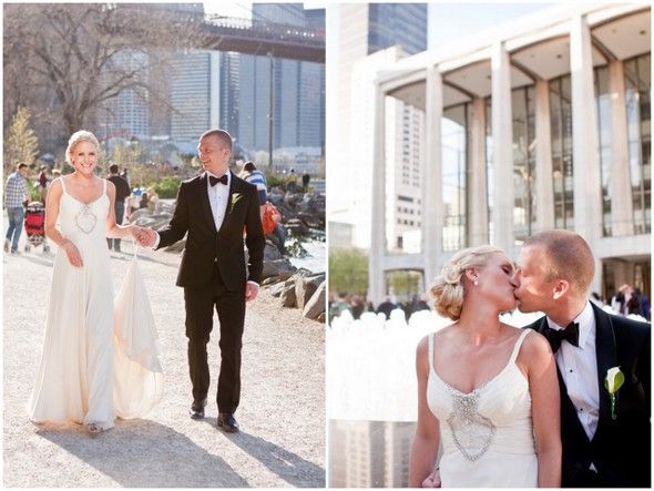 two pictures of a bride and groom in front of the chicago riverwalk with skyscrapers behind them