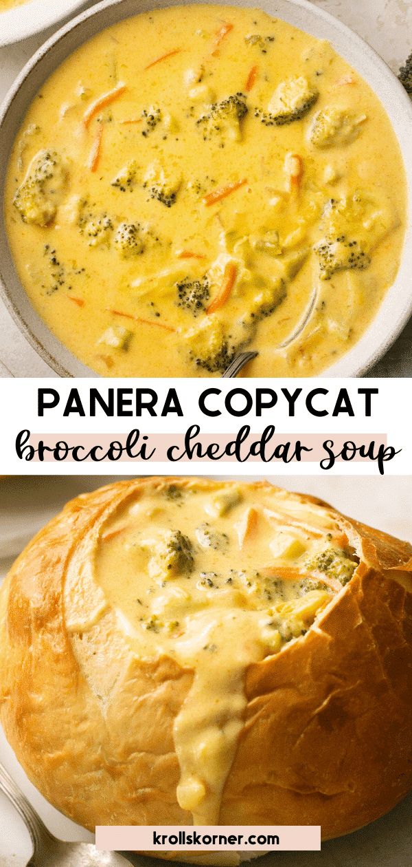 two images showing different types of soups in bread bowls, one with broccoli and the other with cheese