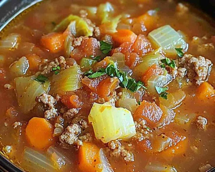 a close up of a bowl of soup with carrots and ground beef in it