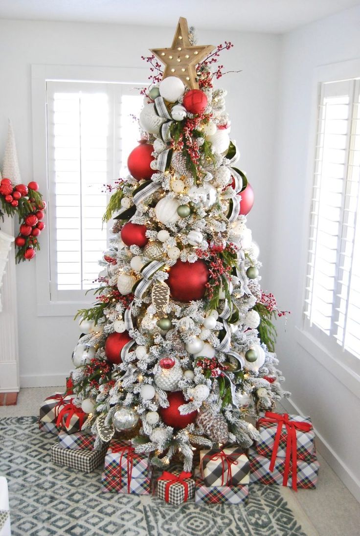 a decorated christmas tree with red and white ornaments