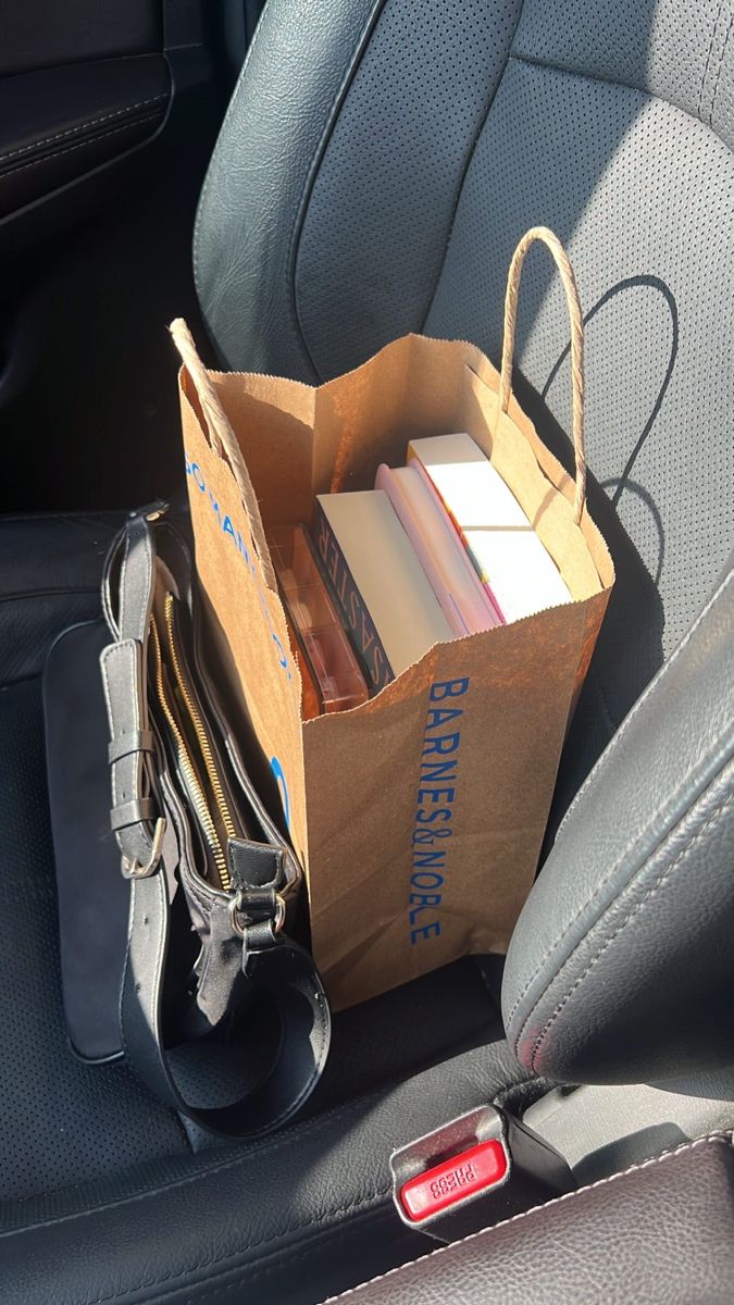 a brown paper bag filled with books sitting in the back seat of a car next to a wallet