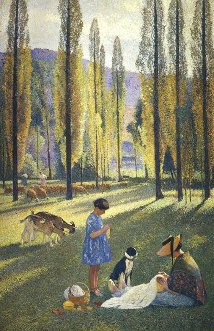 a painting of a woman and two dogs in a park with cows grazing on the grass