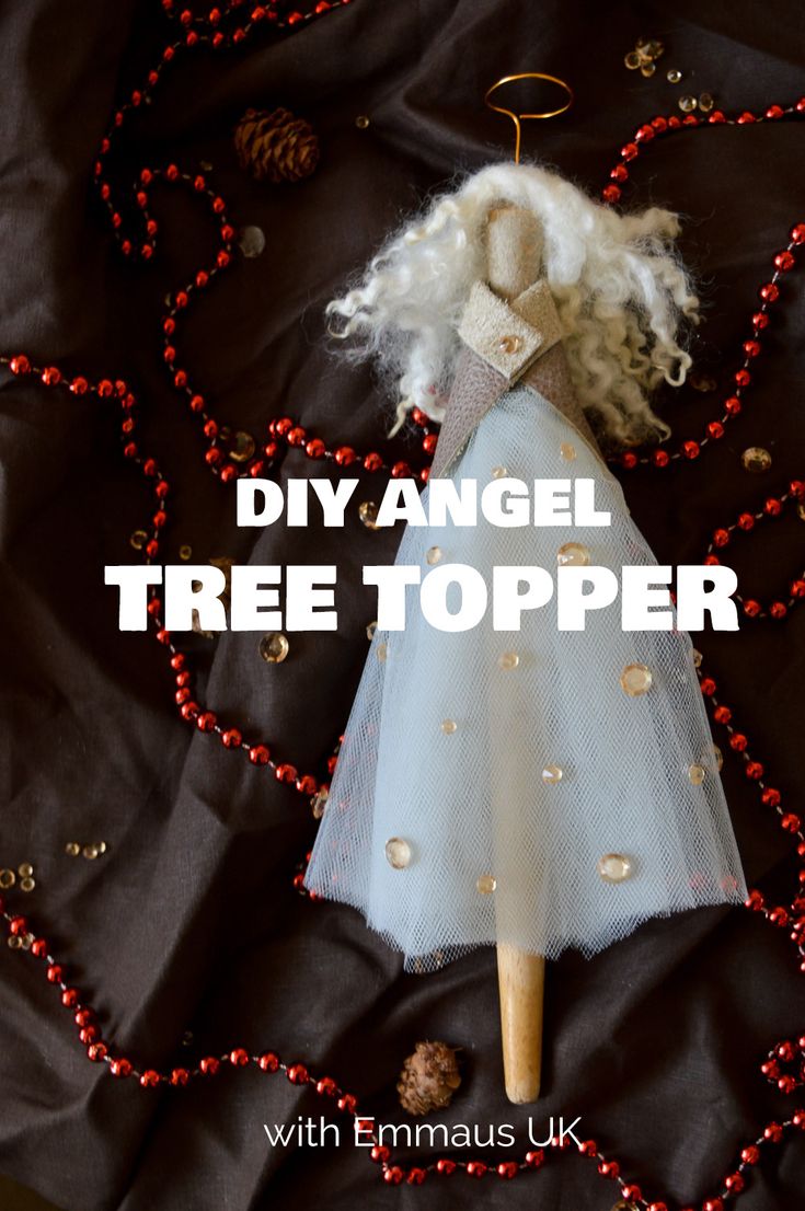 an angel tree topper with red beads on it and the words diy angel tree topper