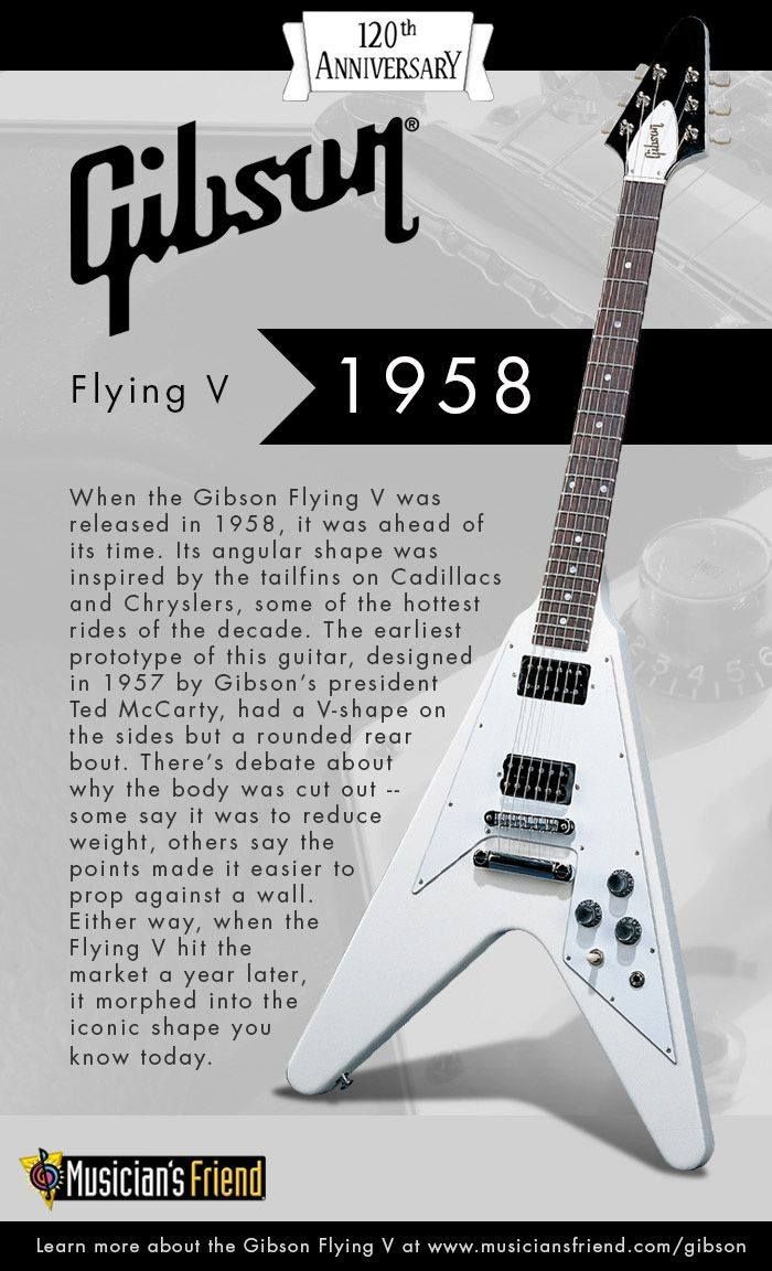 an advertisement for gibson flying v guitar, with the caption's description below