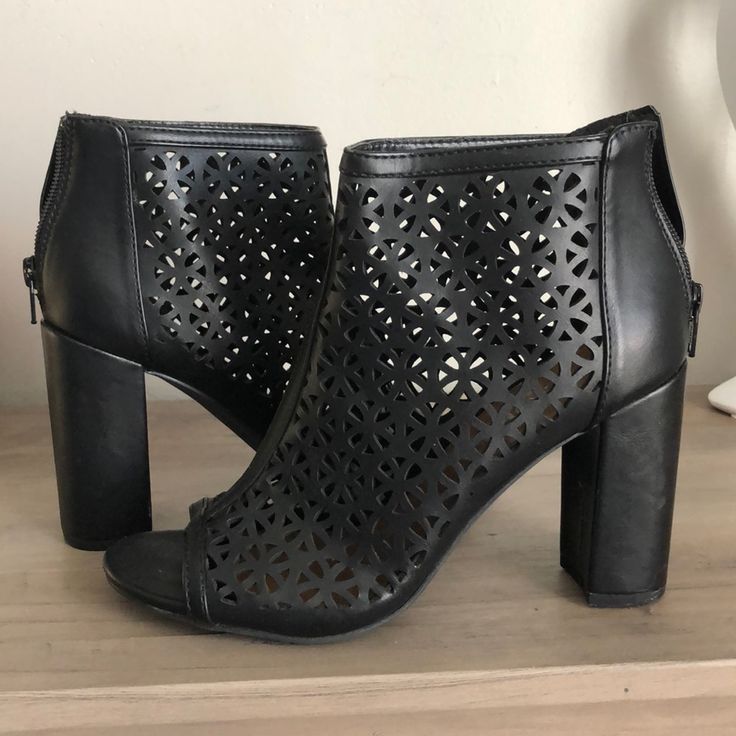 Beautiful Cut Outs, Peep Toe, Never Worn/ No Tags Attached. Size 7. Heel Zipper. 4” Platform Heel Black Round Toe Booties For Spring, Formal Spring Booties With Block Heel, Spring Formal Booties With Block Heel, Black Open Toe Synthetic Boots, Spring Round Toe Booties For Night Out, Spring Season Round Toe Booties For Night Out, Black Open Toe Boots For Spring, Spring Ankle-high Booties For Night Out, Spring Black Booties With Medium Width