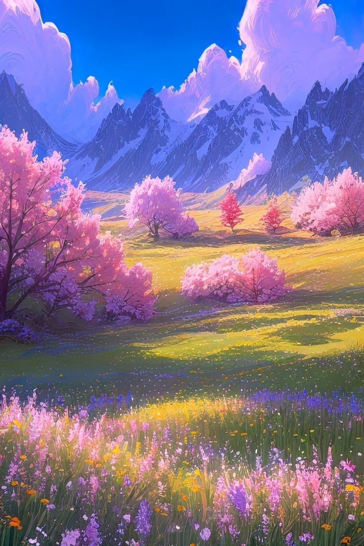 a painting of flowers and mountains in the background