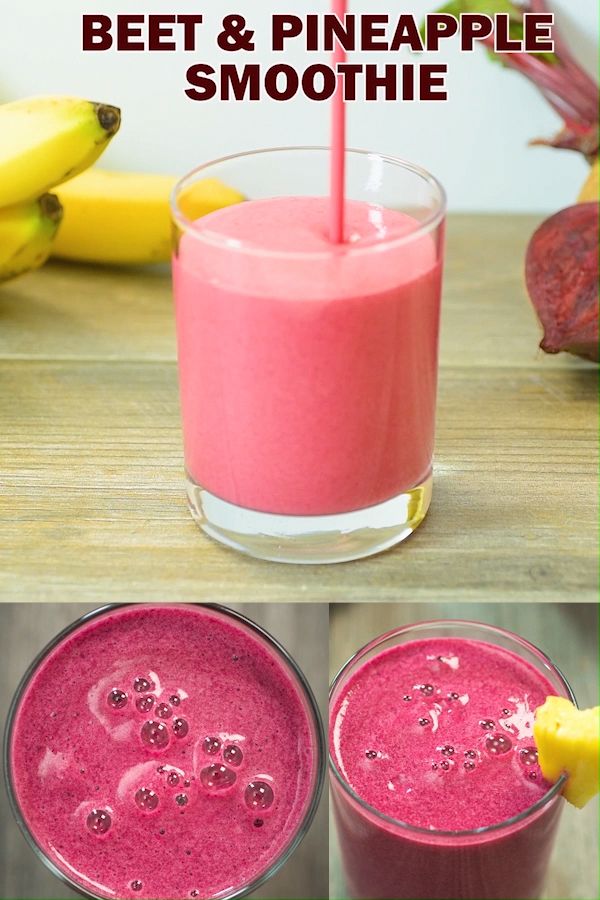 two glasses of beet and pineapple smoothie with bananas in the background