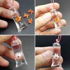 four different pictures show the inside of a bottle filled with water and goldfish in it