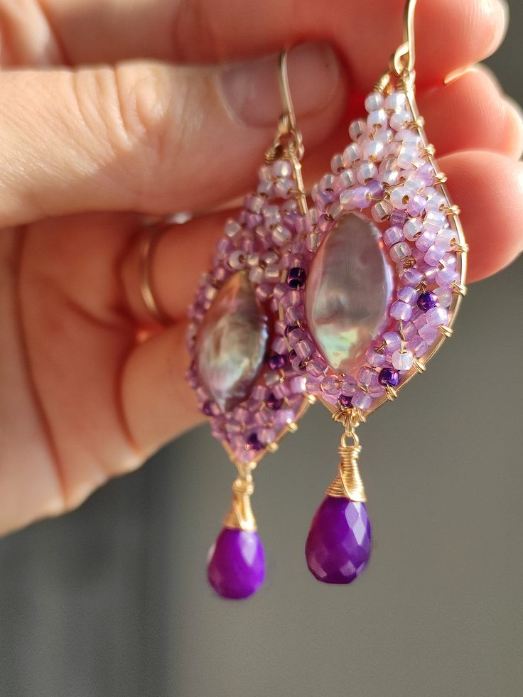 Wire Wrapped Drop Jewelry For Party, Handmade Amethyst Purple Earrings, Mystical Handmade Earrings For Party, Handmade Mystical Earrings For Party, Unique Amethyst Purple Earrings, Artisan Purple Drop Earrings, Purple Long Drop Earrings As Gift, Unique Handmade Amethyst Earrings, Unique Purple Teardrop Jewelry