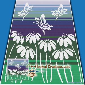 a cross stitch pattern with daisies and butterflies in the grass on a blue background