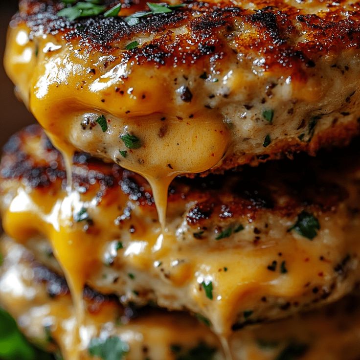 two chicken patties stacked on top of each other covered in cheese and parsley