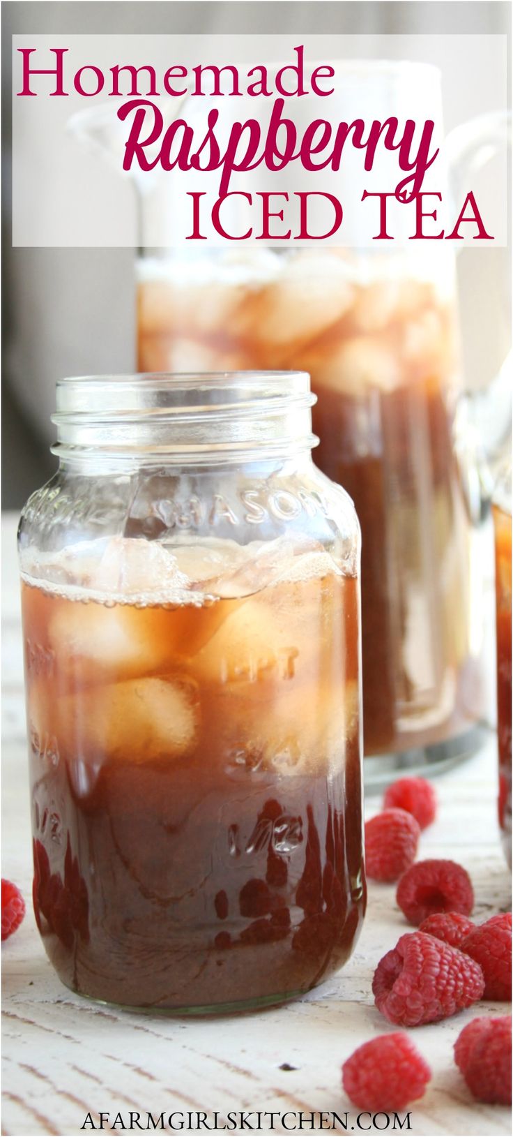 homemade raspberry iced tea in a mason jar