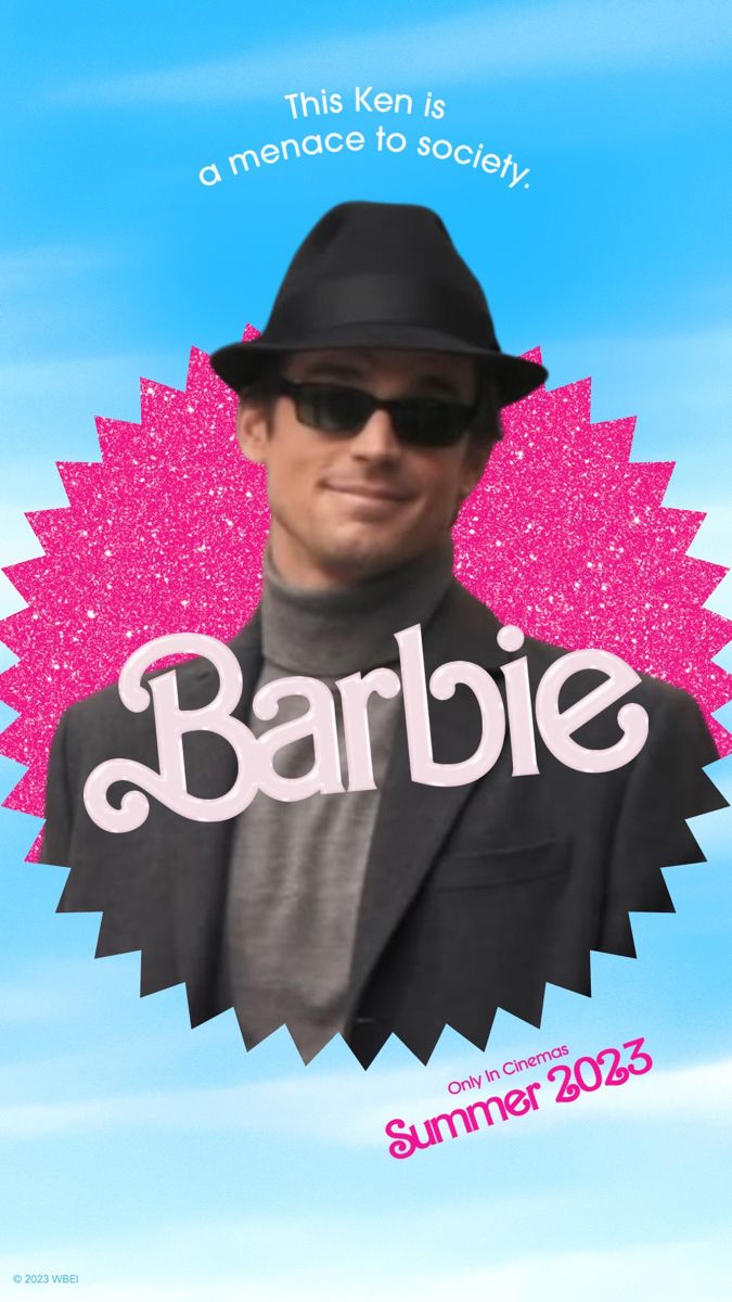 a man in a hat and sunglasses with the words barbie on it's face