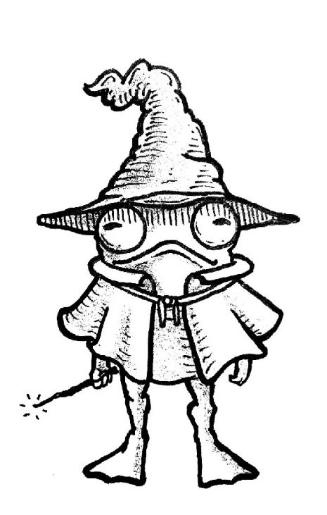 a black and white drawing of a cartoon character wearing a hat, glasses and a cape