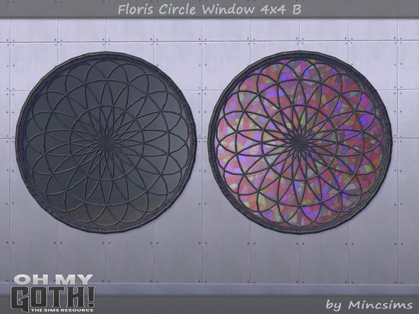 two circular windows are next to each other in the same room, one is pink and purple