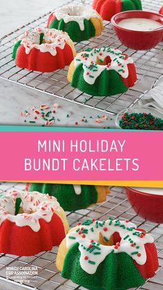 mini holiday bundt cakes with frosting and sprinkles on cooling rack