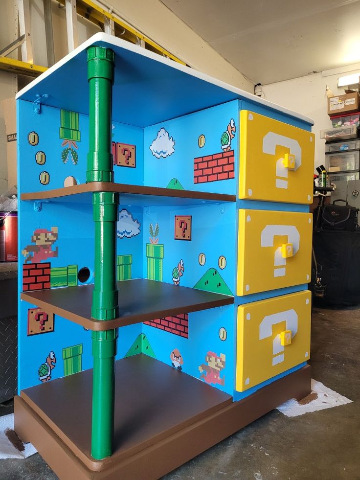 the shelves are made to look like mario's house with different levels and colors