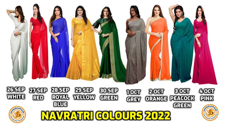 Navratri Colours 2022 List Navratri 9 Days Colours, Navratri Ashtami, Navratri Colours, Durga Navratri, Saree Colours, Navratri Outfits, Navratri Puja, Chaitra Navratri, Navratri Garba