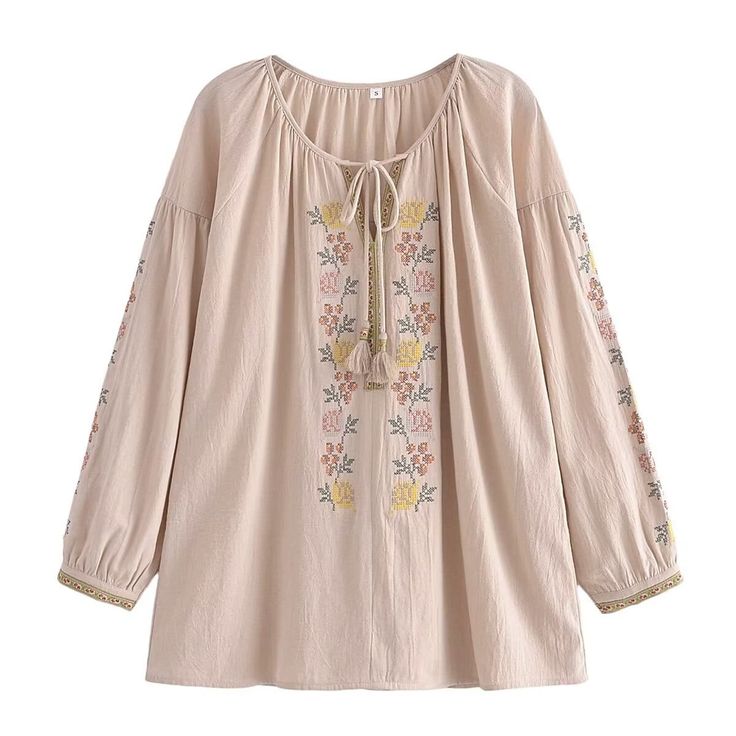 wickedafstore 0 Khaki / S Boho Blossom Embroidered Blouse Bohemian Peasant Top With Back Tassel Tie-up For Spring, Spring Peasant Style Embroidered Top With Embroidered Hem, Spring Long Sleeve Peasant Top With Embroidered Hem, Summer Bohemian Peasant Top With Tie Neck, Folk Style Floral Embroidered Peasant Top For Spring, Spring Peasant Blouse With Tassel Ties, Folk Style Tops With Tassels For Spring, Folk Style Peasant Top With Floral Embroidery For Spring, Casual Spring Peasant Top With Tassels