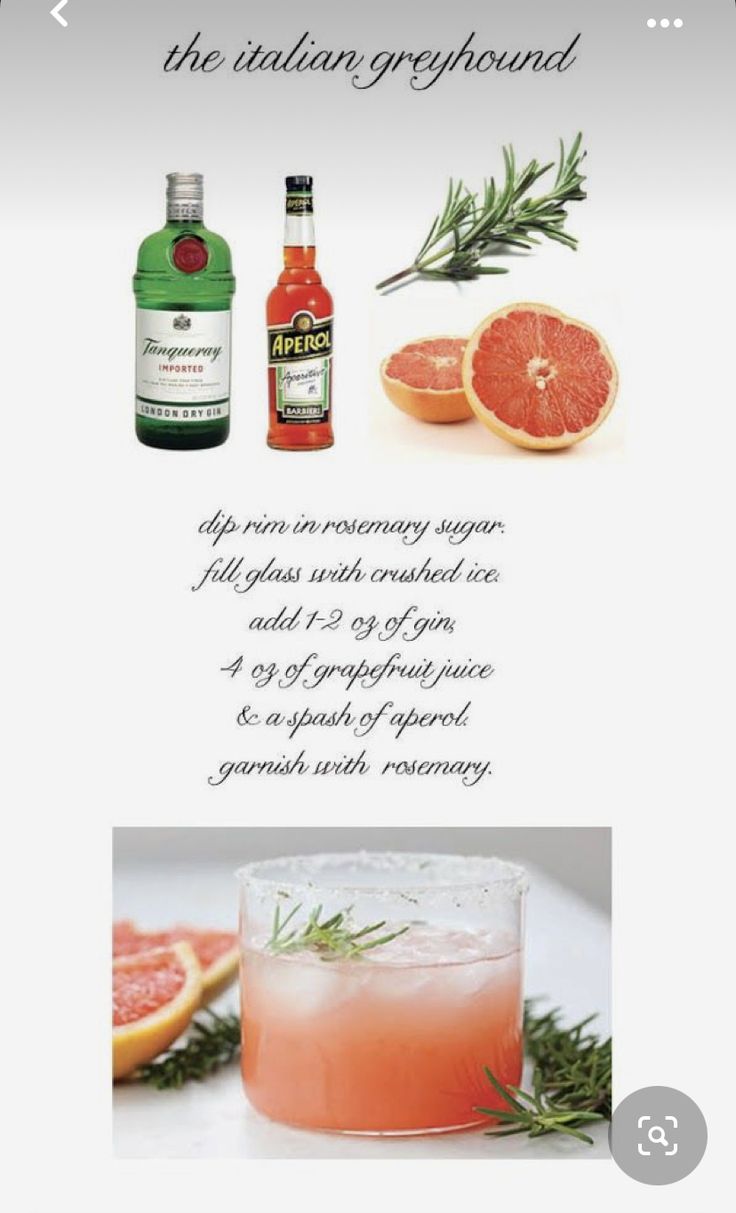 an advertisement for the italian greyhound cocktail, with grapefruit and rosemary garnish