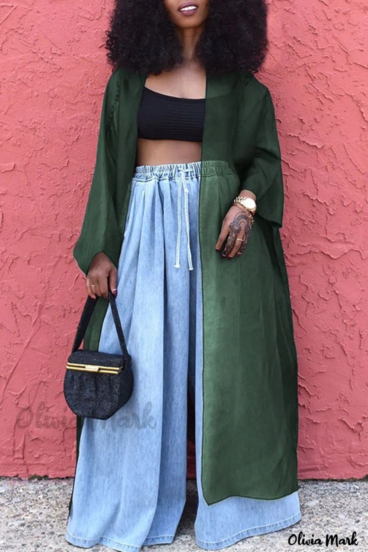 Olivia Mark - Elegante prenda exterior de patchwork sólido con un toque casual verde Solid Midi Dress, Mesh Jacket, Casual Outerwear, Long Kimono, Patchwork Designs, Looks Style, Casual Elegance, Batwing Sleeve, Olivia Mark