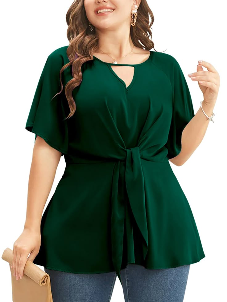 PRICES MAY VARY. Material: Made from high-quality fabric, 100% polyester. Plus size blouse for women is soft and comfortable, lightweight and breathable, sweat wicking, keep you cool in the hot summer Designed specifically for plus-size women. V neck with a keyhole detail adds a touch of feminine. The waist of this blouse is adjustable tie, works really well for big bust/small waist. The ruffled hem hiding your belly Easy to Match: Womens plus size peplum tops is easy to pair it with jeans, legg Plus Size Summer Blouses, Wantable Outfits Plus Size, Fashion For Big Belly Women, How To Dress With A Belly Pooch, Tops For Apple Shaped Women, Plus Size Date Night Outfits Fall, Plus Size Dressy Outfits, Plus Size Fashion For Women With Belly, Big Bust Style Outfits