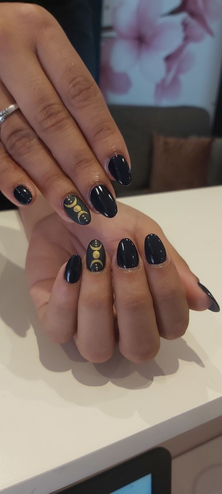 #LunarEclipse #moon #black #blue #nails #hands #haloween #blackandgold Lunar Eclipse Nails, Celestial Gel Nails Short, Sun And Moon Nails Short, Lunar Nails Design, Moon Phase Nails Simple, Moon Cycle Nails, Lunar Nail Art, Triple Moon Nails, Eclipse Nails Design