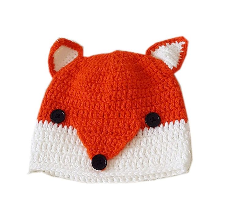 a red and white knitted hat with a fox face