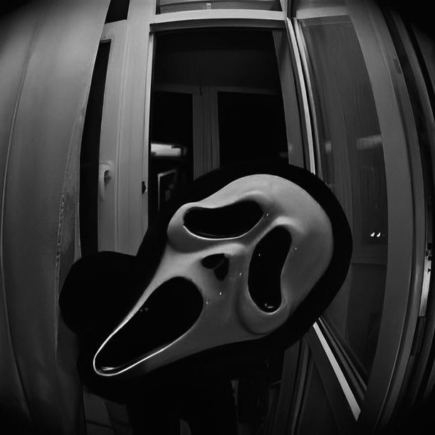 a black and white mask hanging from the side of a door