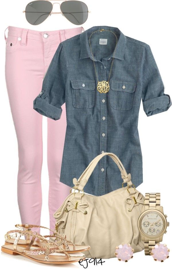 "So Sing to Me and I Will Forgive You" by ej914 on Polyvore Pink Pants Outfit, Pink Pants, 가을 패션, Stitch Fix Style, Look Chic, Primavera Estate, Denim Shirt, Work Outfits, Spring Summer Fashion