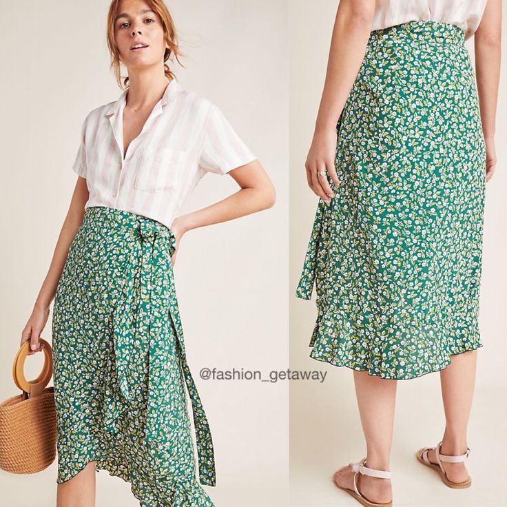 New With Tags Designed In Collaboration With Anthropologie, This Waist-Defining Wrap Skirt Is The Ultimate Day-To-Evening Piece - Swap Out Sandals For Barely-There Heels To Achieve A More Elevated Effect. An Anthropologie Exclusive We Have Found This Style Runs Small; We Recommend Sizing Up For An Ideal Fit Rayon Wrapped Silhouette Tie Closure Hand Wash Imported Dimensions 31"L Green Midi Skirt For Summer, Green Midi-length Summer Bottoms, Green Midi-length Bottoms For Summer, Green Midi Length Bottoms For Summer, Green Flowy Skirt For Brunch, Flowy Green Skirt For Brunch, Green Spring Maxi Skirt For Brunch, Casual Knee-length Summer Wrap Skirt, Green Midi Length Bottoms For Day Out