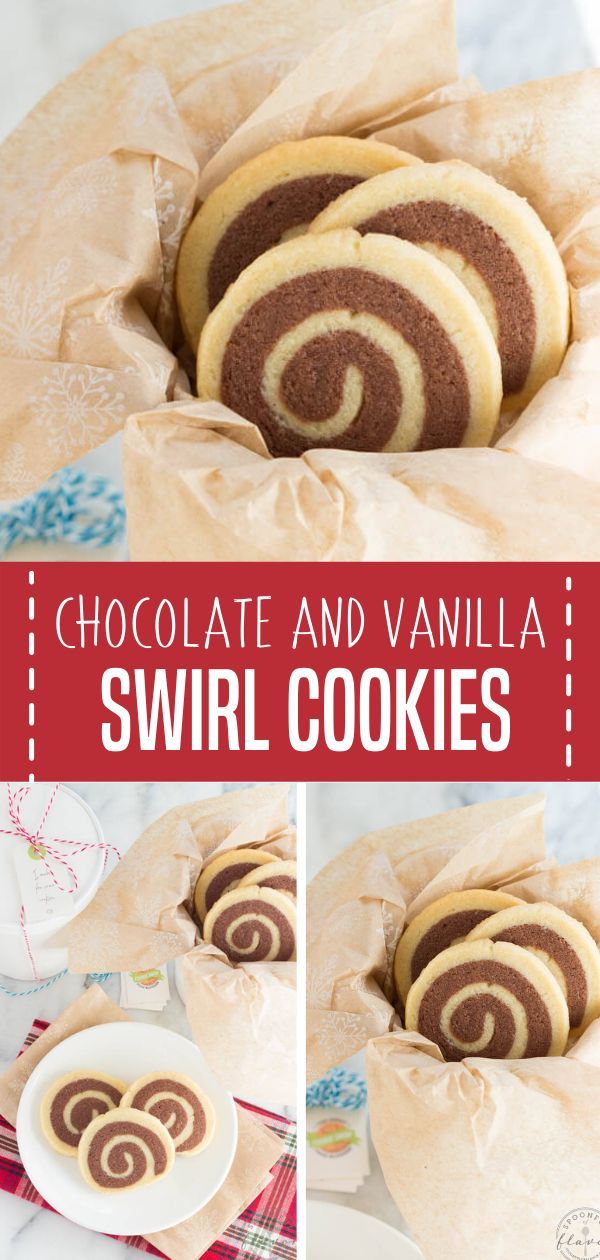 chocolate and vanilla swirl cookies on a plate with the words, chocolate and vanilla swirl cookies