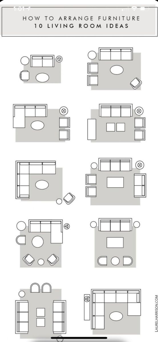 an image of living room furniture layouts in black and white, with the text how to arrange furniture from different angles