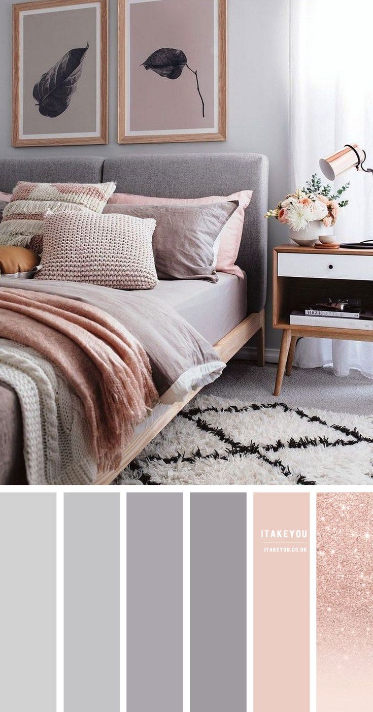 a bedroom with pink and grey tones in the color scheme, along with pictures on the wall