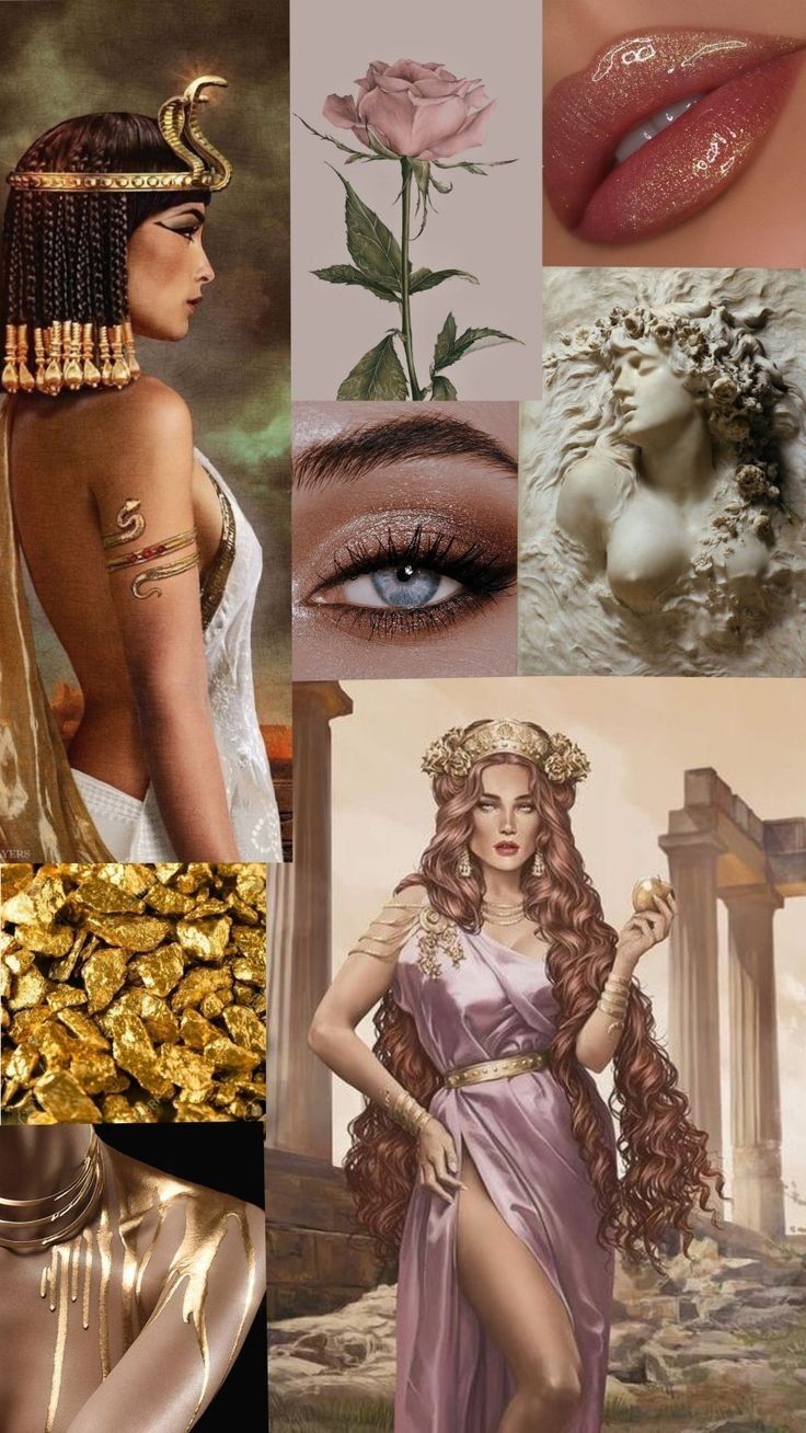 the collage shows different images of women with gold jewelry and accessories on their faces