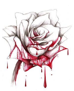 a drawing of a white rose with blood dripping down the petals on it's side