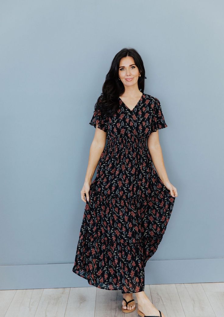 Eden modest maxi dress in black floral-NEW – JanieLanie Modest Boutique, Nursing Friendly Dress, Modest Maxi Dress, Temple Dress, Modest Maxi, Modest Tops, Modest Skirts, Flowy Sleeves, Style Maxi Dress