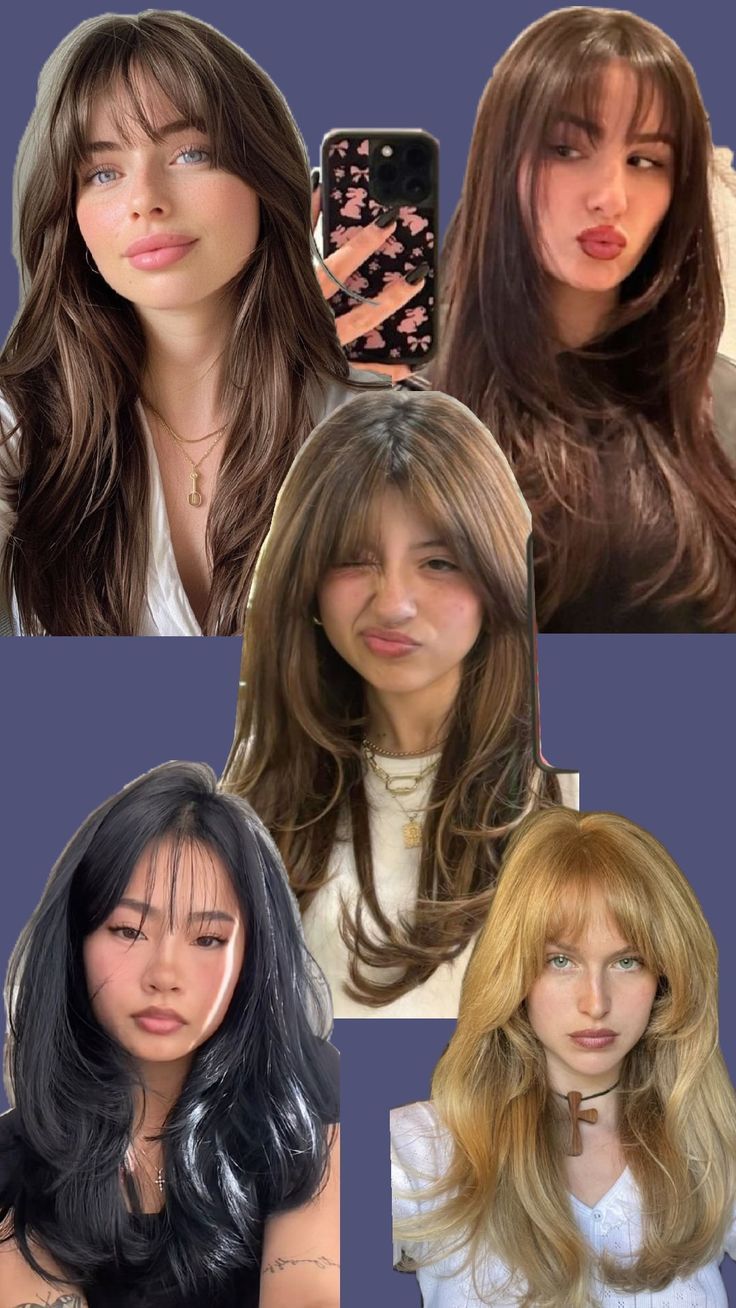 long layers hair, straight bangs, curttain bangs, blowout hair, blonde, brunette, ginger Blowout Hair Blonde, Blowout With Bangs, Bangs Blowout, Long Layers With Curtain Bangs, Long Layers Hair, Hair Blonde Brunette, Layers With Curtain Bangs, Brunette Bangs, Straight Bangs